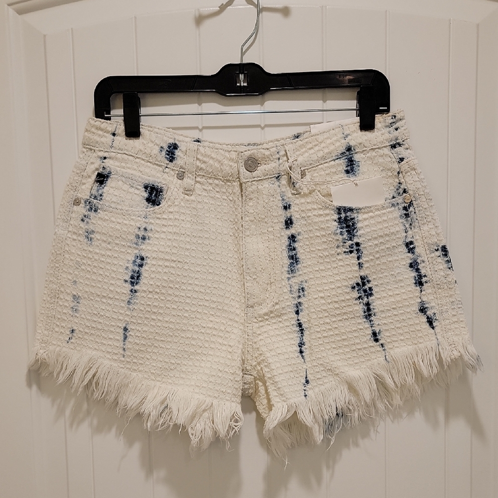 KanCan White Woven Frayed Hem Shorts with Navy Tie-Dye Size Large